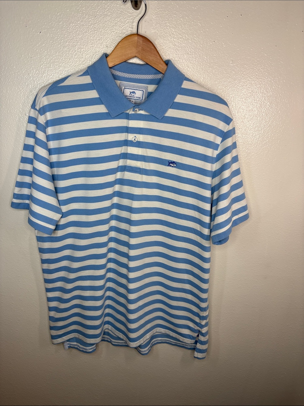 Southern Tides Blue Striped Fish Polo Shirt Men Size XL